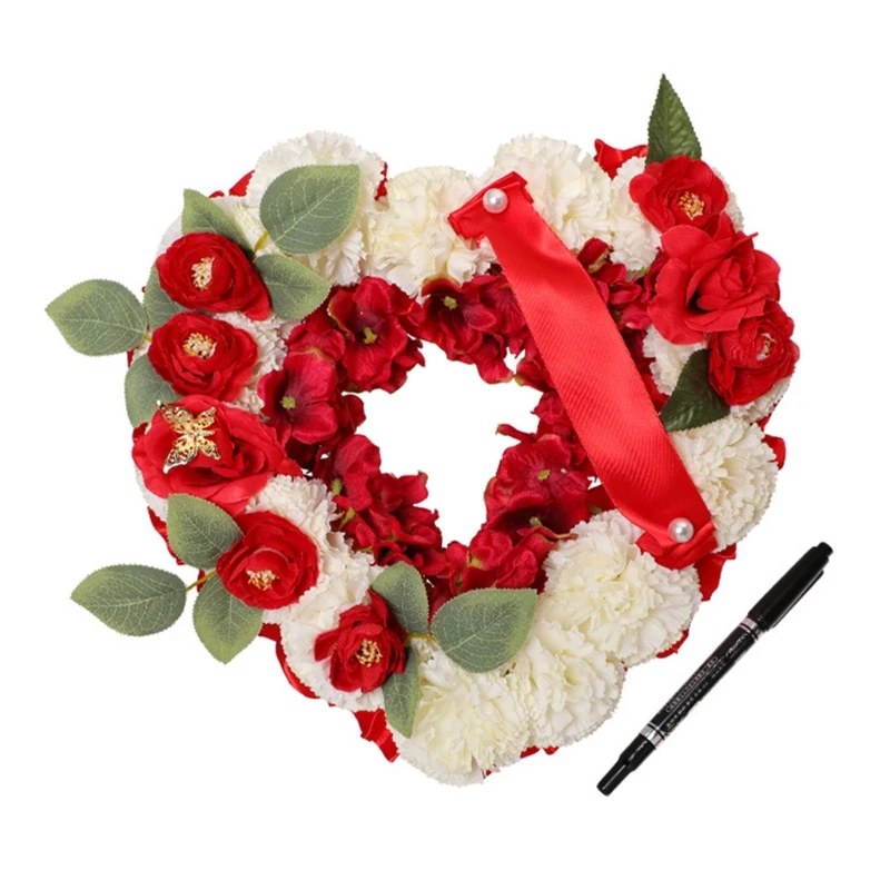 

Artificial Silky Flowers Garland Funeral Floral Arrangements Heart Shaped Tribute Memorial Wreath with Ribbon Butterfly Coffin