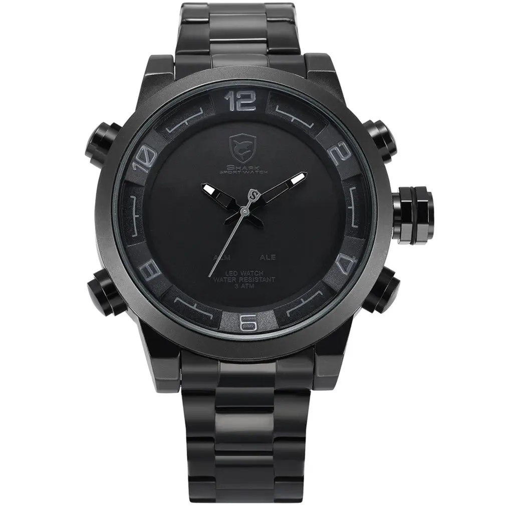 Full Black SH364 Модная Серия Gulper Акула Полный Чёрный Циферблат Ремешок из Нержавеющей Стали Водонепроницаемость Двойное Движение Календарь СИД-Дисплей Даты Функция Будильника Кварцевые Спортивные Мужские Наручные Часы / SH364 - Цвет: Full Black SH364