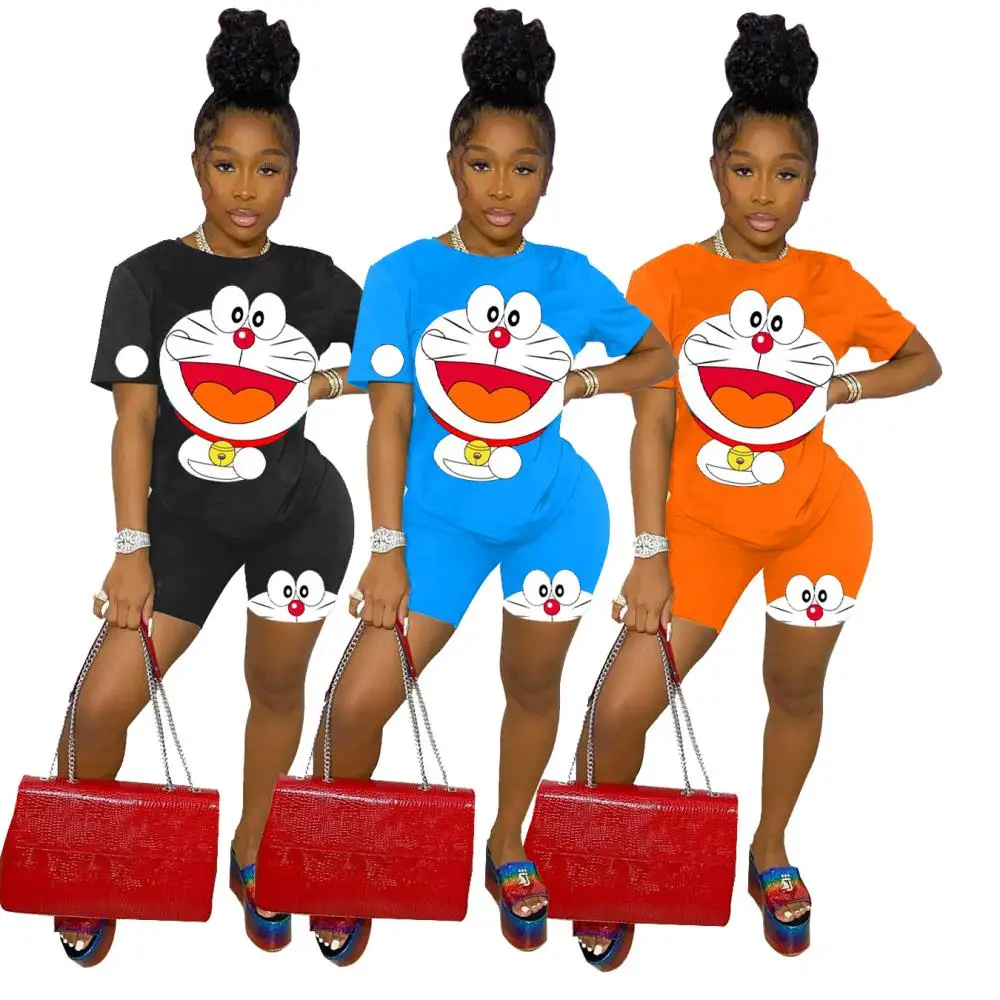 

Black Blue Orange Summer Casual 2 Pieces Outfits Cartoon Pattern Print T Shirt Crew Neck Short Sleeve High Elastic Loose Shorts