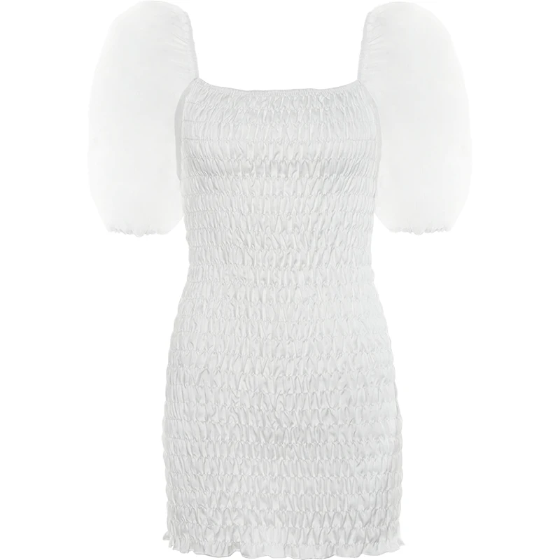 

XUXI Women Short Sleeve Mesh Stitching MINI Dress French Retro Tuck The Waist And Show Thin Folds Short Skirt Summer 2021 E1687