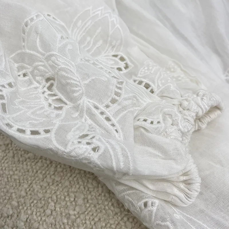 

High Quality Women Dresses A-line Folding Tail White Embroidery Hollow Out Single Breasted Summer Fashion 2021