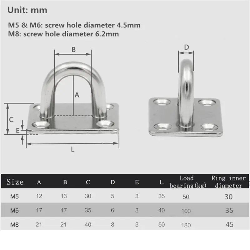 

Heavy Duty 304 Stainless Steel Square Pad Eye Plate Eye Hook with Round Ring Boat Marine Hardware for Sailing Boating D5QD