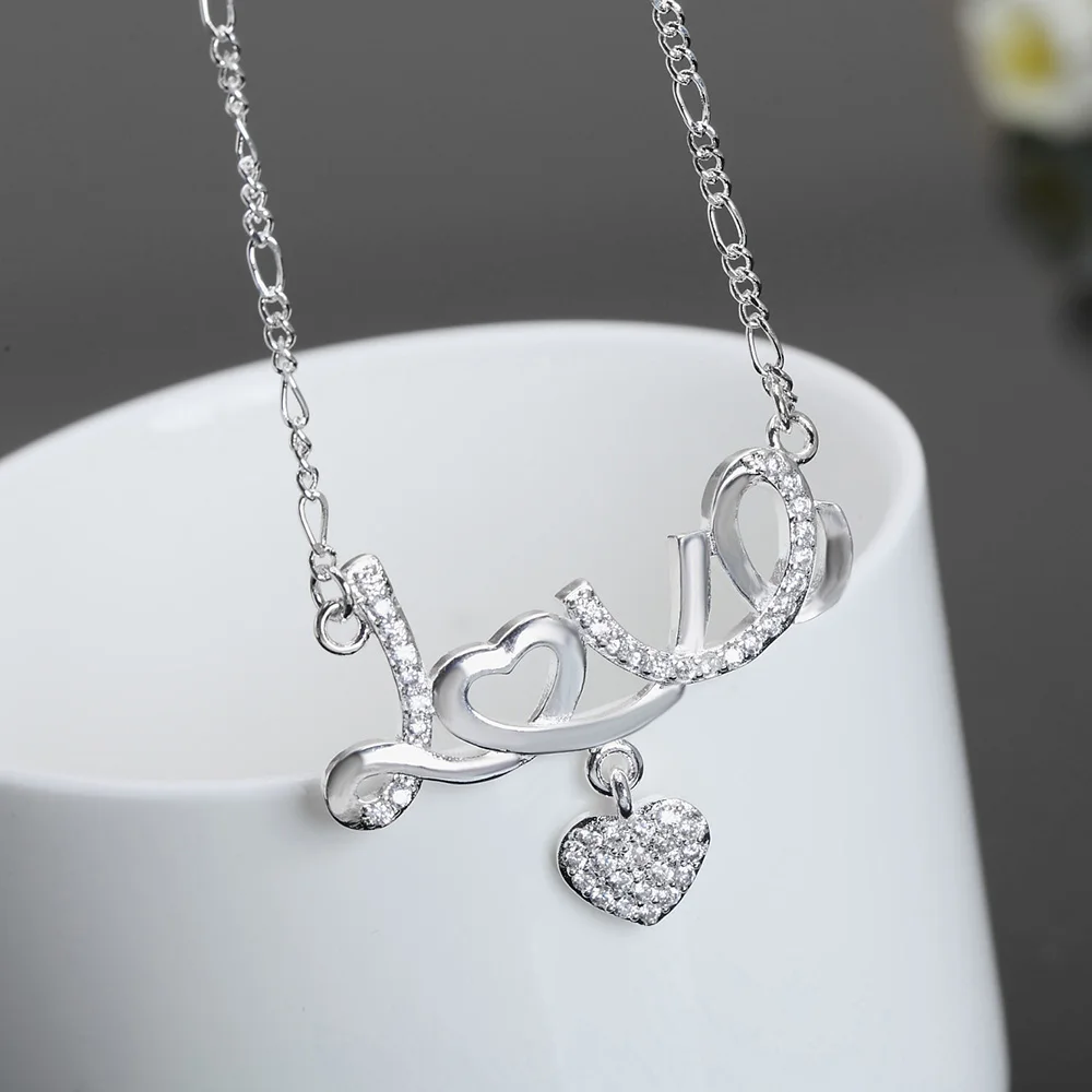 

BAYTTLING 925 Sterling Silver 18 Inch Link Chain LOVE Zircon Pendant Necklace For Woman Fashion Glamour Wedding Jewelry Gift