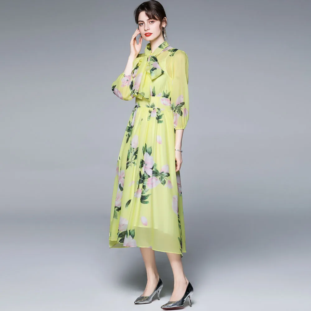 

Western Style Fashion Commute Temperament 2021 Summer Ladies Dress Elegant Printing Vacation Bow 7-point Sleeve