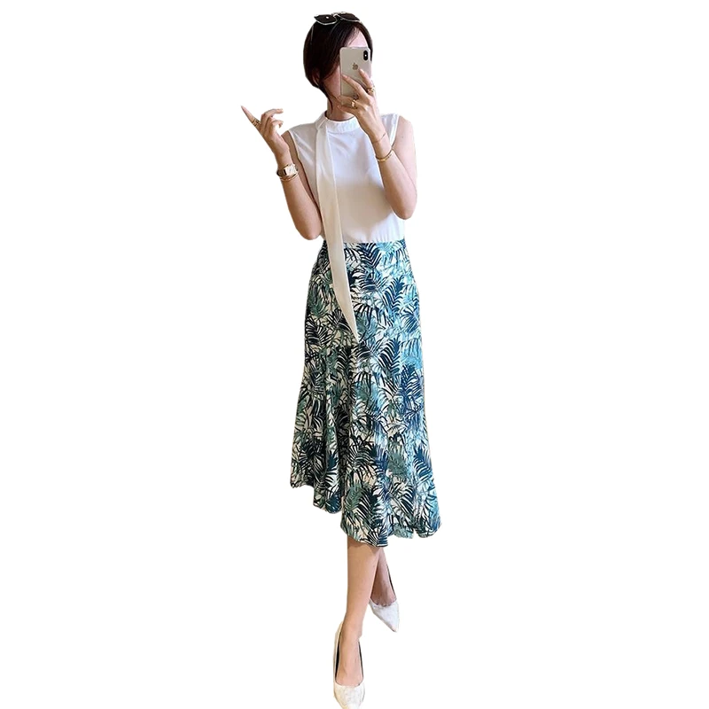 

women clothing two piece set sleeveless white blouses ladies top + leaves print knee length ruffle irregular skirt