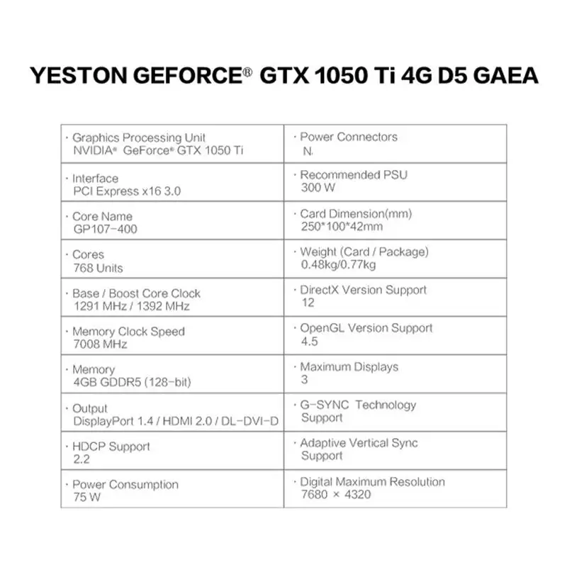 Yeston NVDIA GTX 1050 Ti 4G D5 GF Display Card 1291/1392MHz 7000MHz 4G/128bit/GDDR5 DVI-D+HDMI-compatible+DP Game Graphics  Card