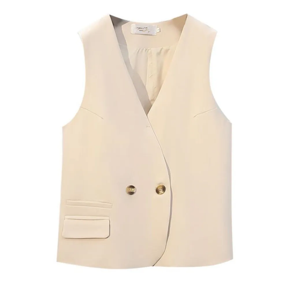 

Casual Suit Waistcoat Pockets Outwear Tops Gilet Overcoat New 2021 Women Simply Sleeveless Double Breasted Vest Jacket Wear