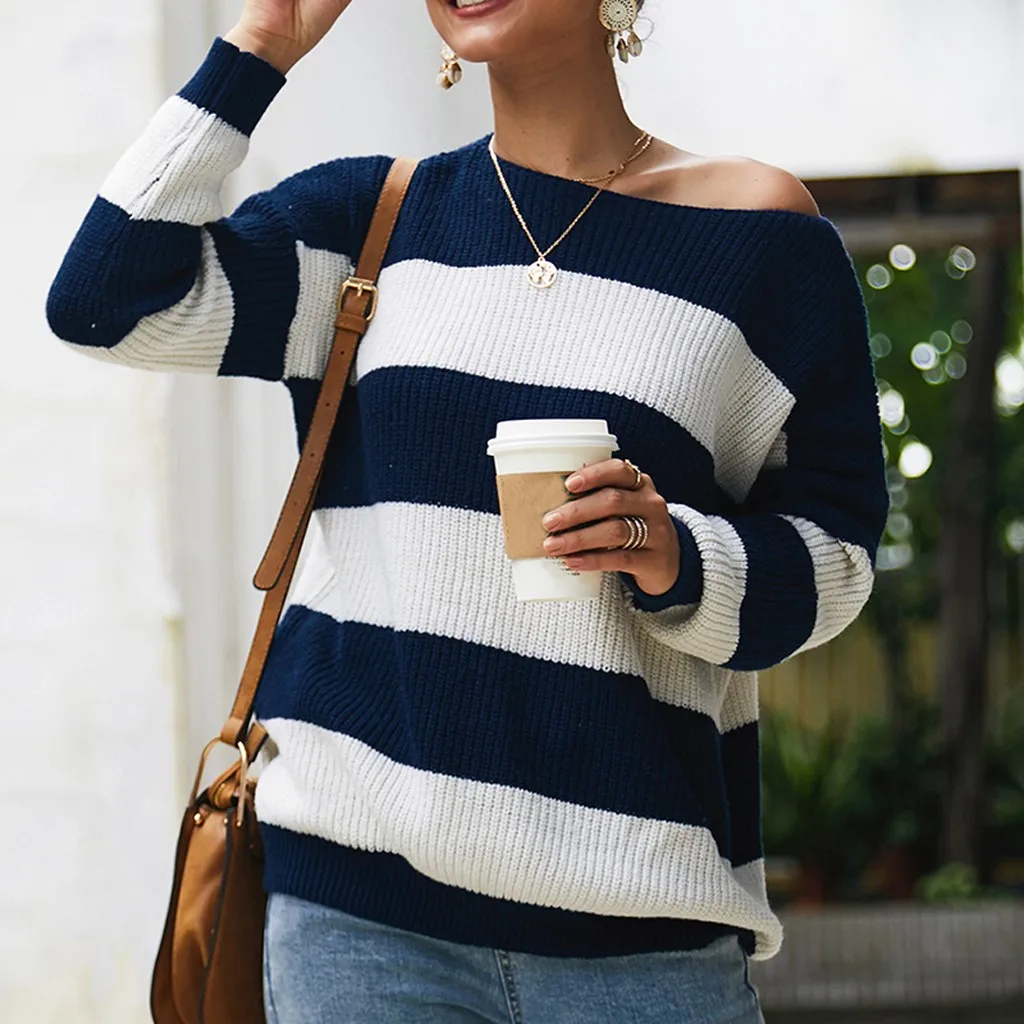 2019 Модный женский свитер Топ полосатый вязаный длинный рукав Повседневная