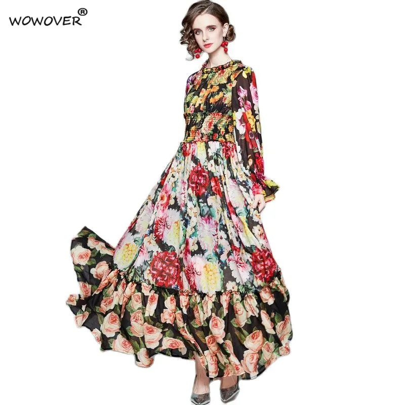

Women Elegant Spring Designers Floral Print Chiffon Long Maxi Runway Dress High Quality Bohemian Robe Femme Holiday Vestidos