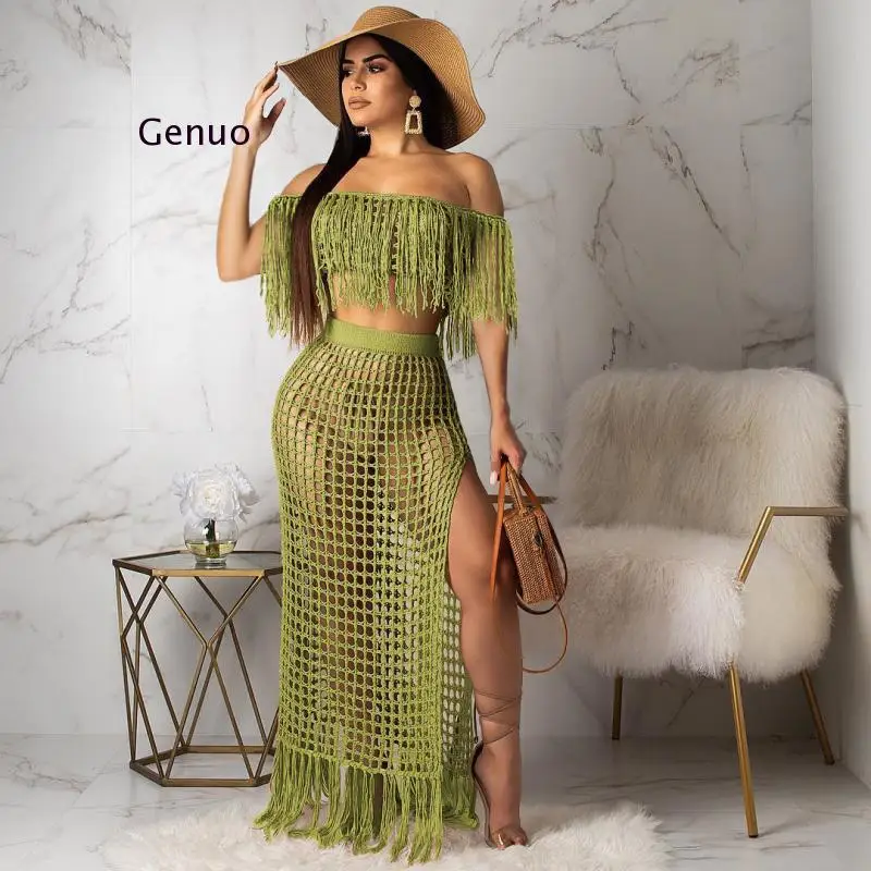 

Womens Off Shoulder Cover Up See-Through Hollow Sleeveless Tassel Summer Bathing Suit Solid Bikinis 2Pcs Swimwear Swimsuit