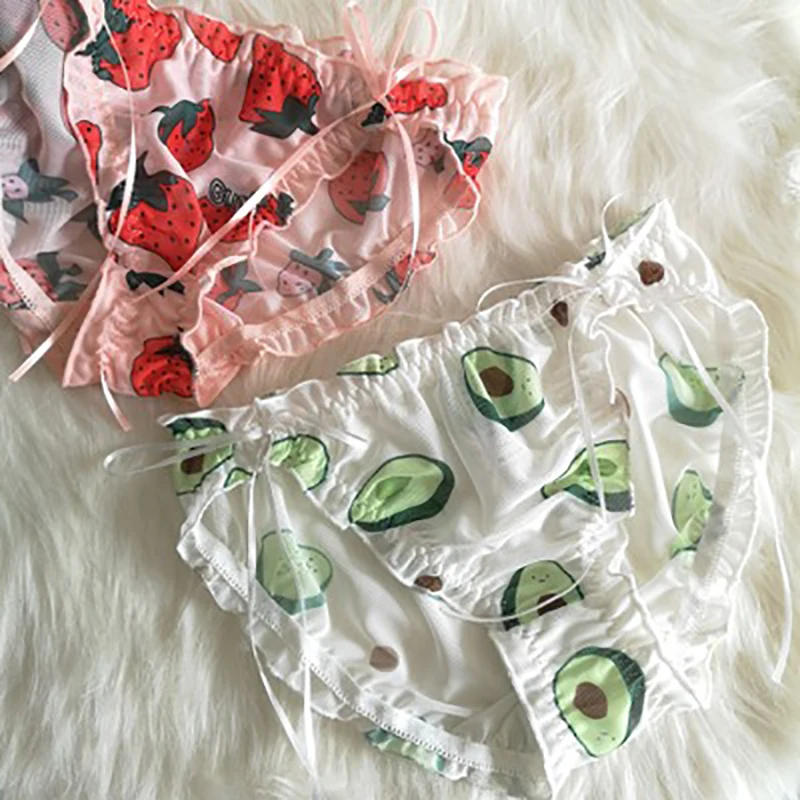 

New Japanese Style Lace Bowknot Underwear Strawberry Print Sexy Pajamas Underwear Soft Girl Cute Style Pajamas