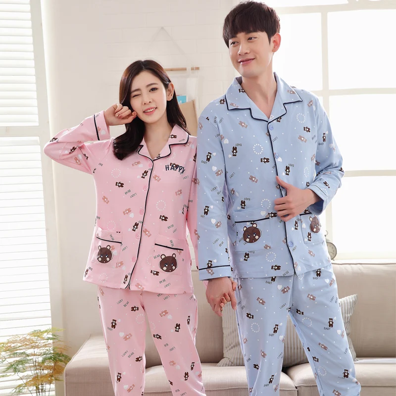 

Lovers Homedress Pajamas Sets Women Lapel Long sleeve nightgown trousers Sleepwear Cotton Cardigan Couples Casual Home Clothing