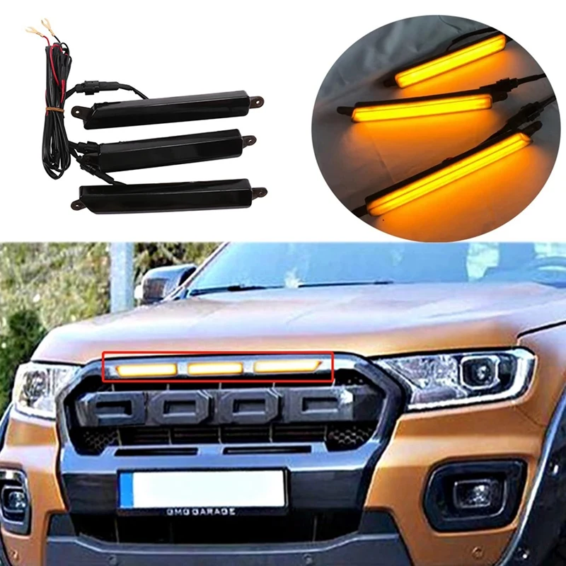 

3 Pcs/Set Led Drl Daytime Lights Front Mesh Mask Cover Led Bar Lightting Fog Lamp Lamps for Ford Ranger T7 T8 Everest Smoky