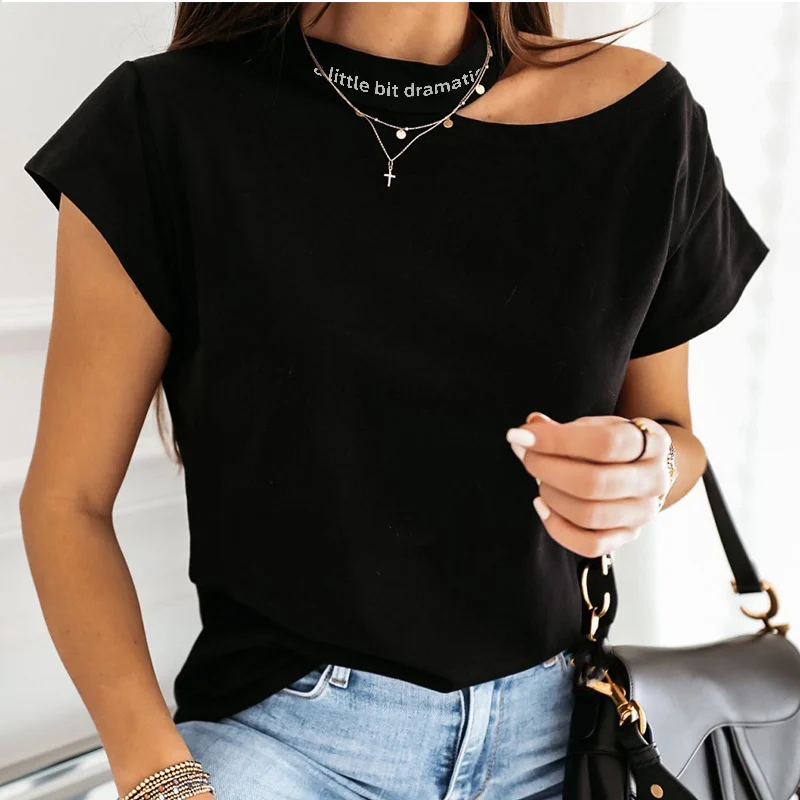 

100% Cotton Off Shoulder Halter Casual Women's T-shirts Short Sleeve White Black Woman Tshirts 2021 Summer Fashion Top Women