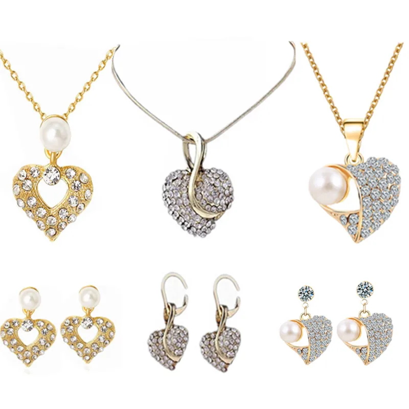 

3 Styles New Pearl Necklace Earring Set Hollow Heart Two Piece Fashion Outdoor For Women Sweet Romantic Gifts