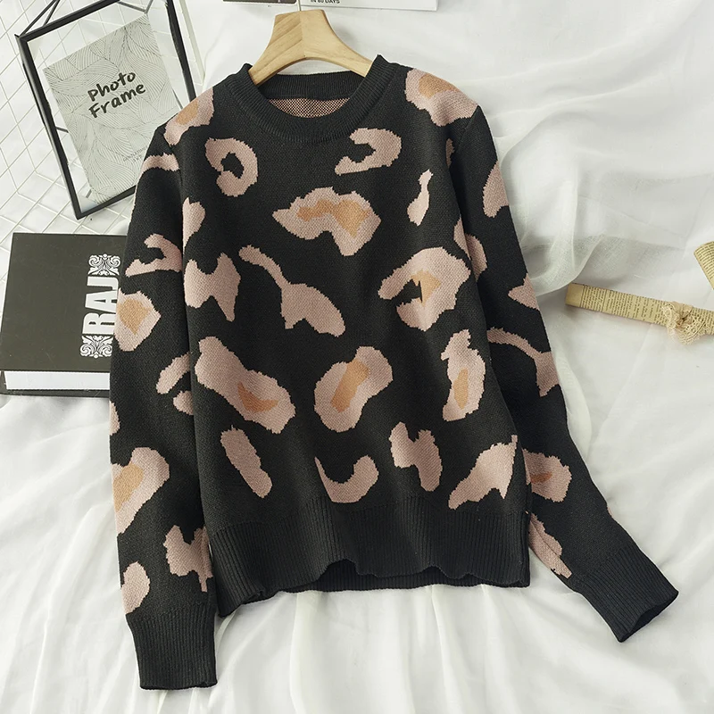 

Leopard Sweaters Women Pullovers O-neck Harajuku Loose Leisure Fashionable Females Young Soft Daily College Students Hot Selling