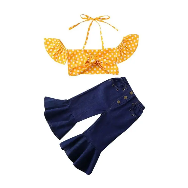Toddler Baby Girl Clothes Kids Girls Outfit Polka Bowknot Tank Tops T-shirt Denim Flare Pants Bell Bottom 2pcs Set ropa bebe | Мать и