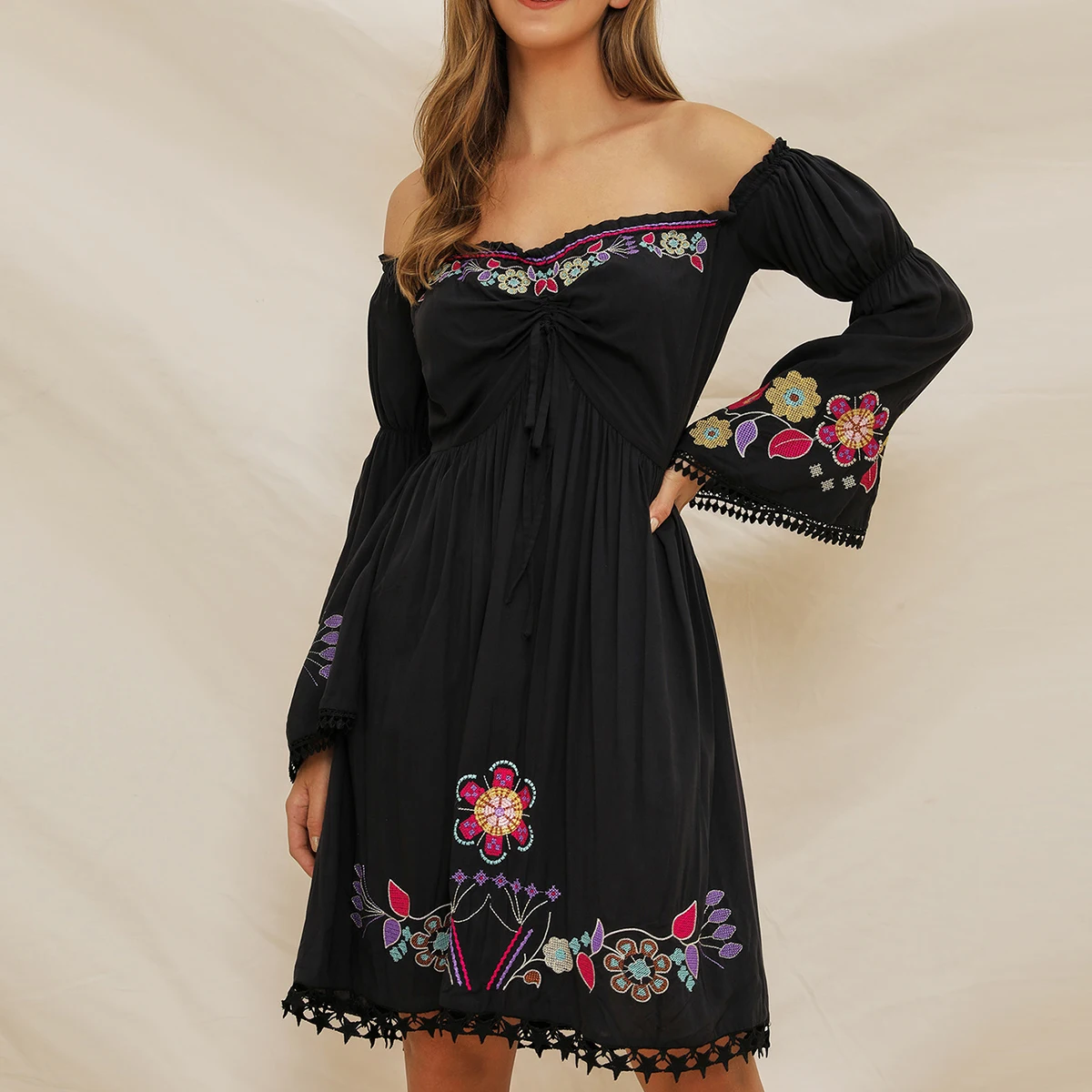 

Jastie 2022 Fashion Vintage Women Dresses V-Neck Off The Shoulder Flower Embroidery Midi-Dress Bohemian Prom Party Dress Black
