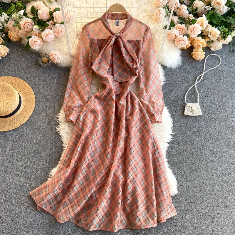

Spring And Summer Women's Plaid Vintage Dress Elegant Ladies Long-Sleeved Bow Bandage Dresses Femme Robe Korean Style