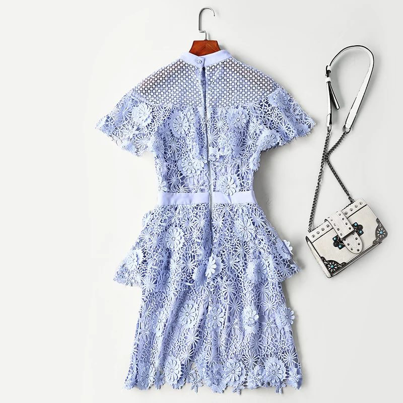New women s high end European and American show pink flower lace hollow lotus leaf trim dress | Женская одежда