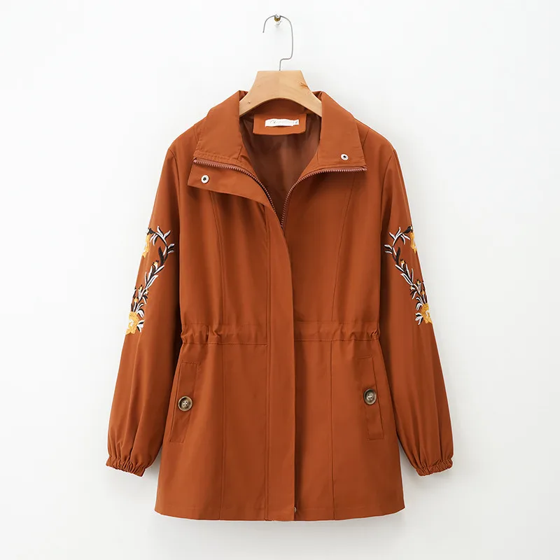 

New Middle-aged Women Trench Coat Spring Autumn Embroidery Overcoat Long Sleeve Plus Size 4XL Female Windbreaker Basic Coat J436