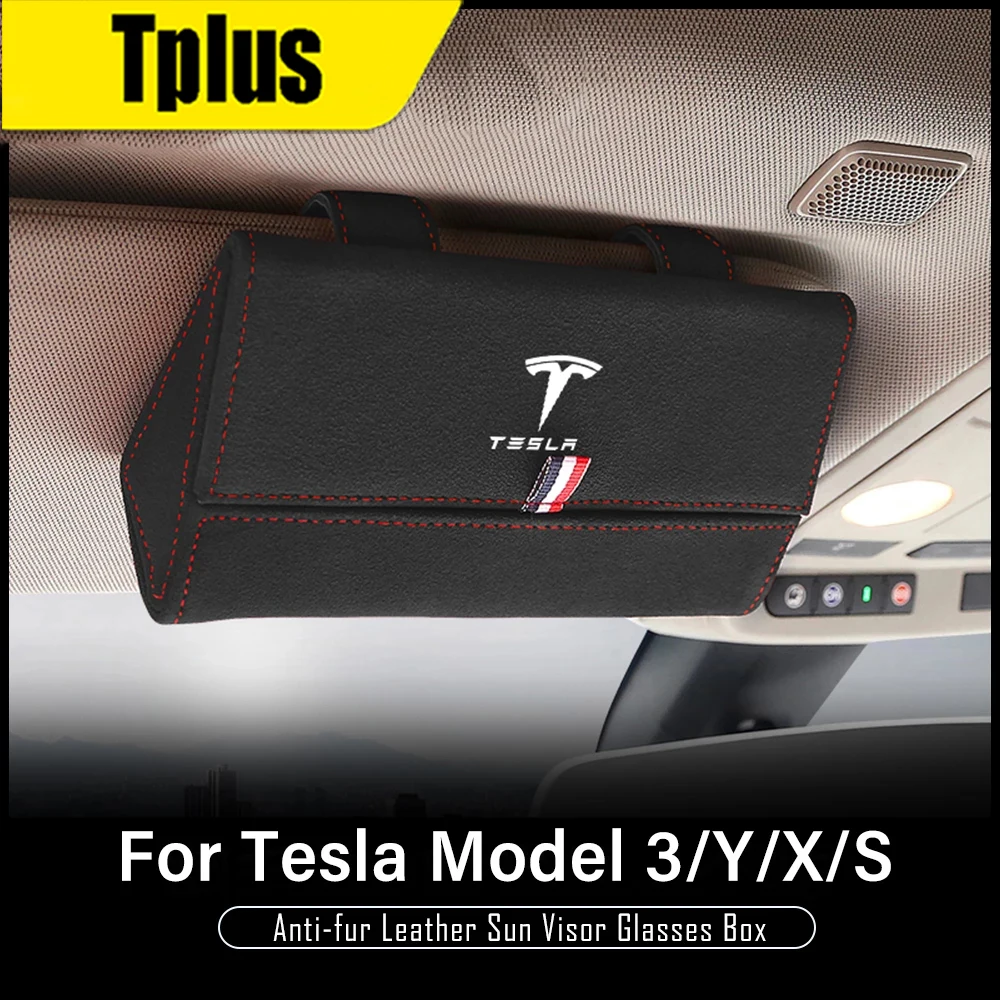 

Tplus Car Sunshade Glasses Storage Box For Tesla Model 3 2021 / Model Y Exquisite Fur Leather New Glasses Bag Accessories