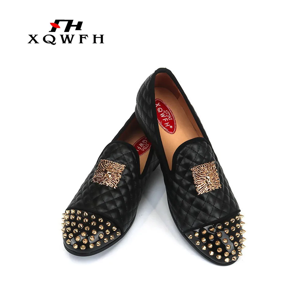 Men casual shoes Handmade gold rivet toe and Metal lion headdress buckle party and wedding men's loafers smoking slippers