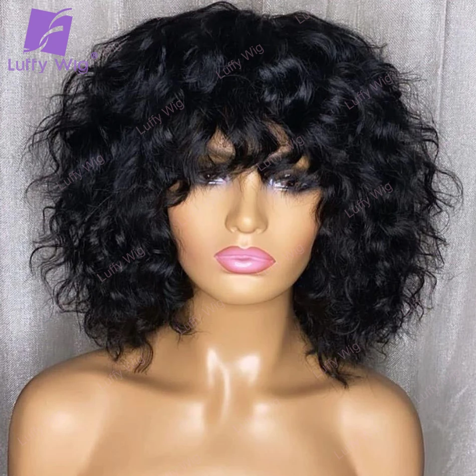 

Luffy Curly Human Hair Wig With Bangs Brazilian Remy Hair Machine Made O Scalp Top Glueless Wigs 200 Density For Black Women