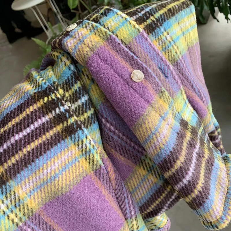 

Wool Womens Plaid Purple Drop-shoulder Turn Down Collar Autumn Oversize Chic Streetwear Loose All-match Fashion Korean Style New