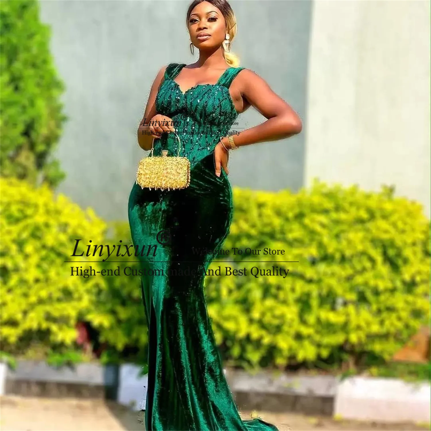 

Hunter Green Mermaid Prom Dresses With Sequined Appliques Velvet Evening Dress Sweetheart Floor Length Black Girls Party Gowns
