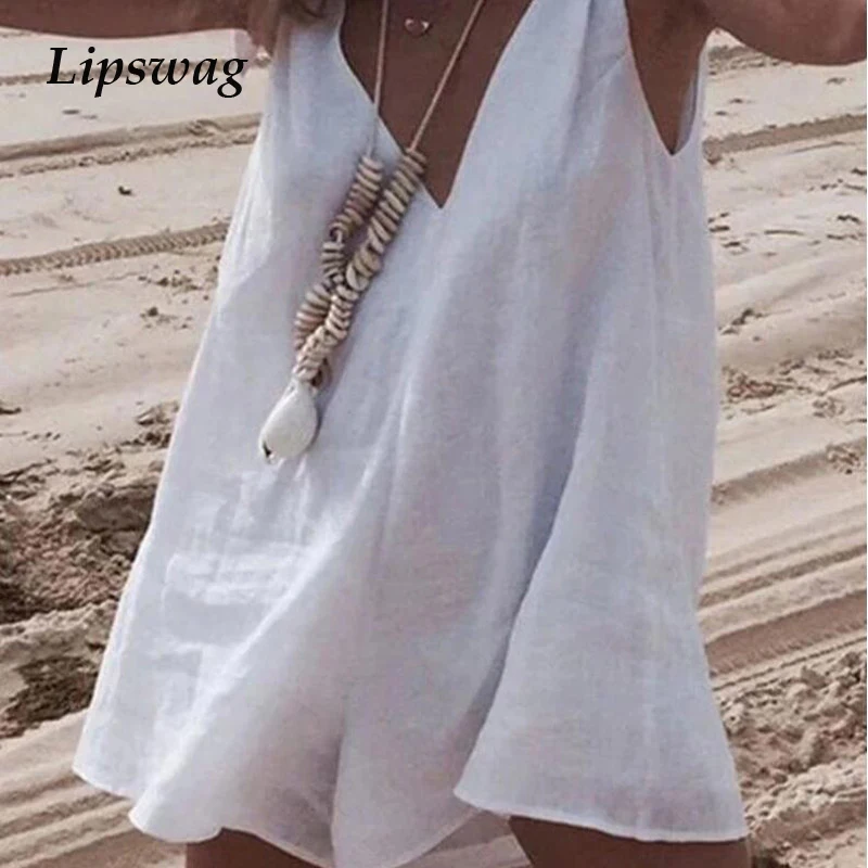 

Женский пляжный комбинезон, летний однотонный Свободный комбинезон из хлопка и льна, без рукавов, с V-образным вырезом, 2021