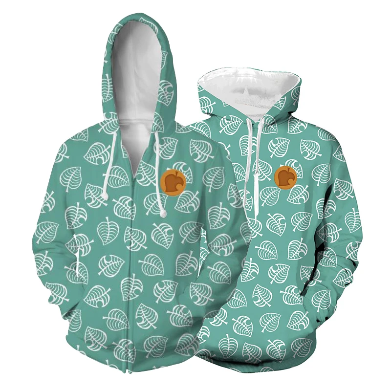 

Зеленая толстовка с капюшоном, костюм для косплея пересечения игровых животных, свитшот для мужчин и женщин с капюшоном в виде листьев, пуло...