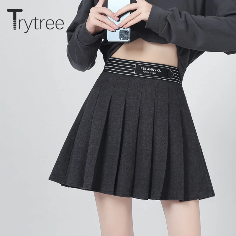 

Trytree 2021 FW Women Skirt Tweed Blends Casual High Waist Zipper Fashion Lolita A-line Pleated Skirts Preppy Style Shorts Skirt