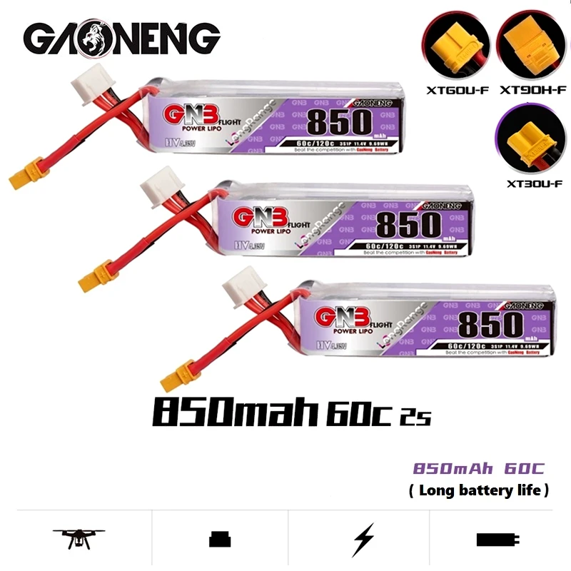 

3PCS/Set GNB 3S 11.4V HV LiPo Battery 850mAh XT30U-F/XT60U-F Plug 60C MAX 120C For RC Quadrotor Airplane FPV Racing Drone Parts