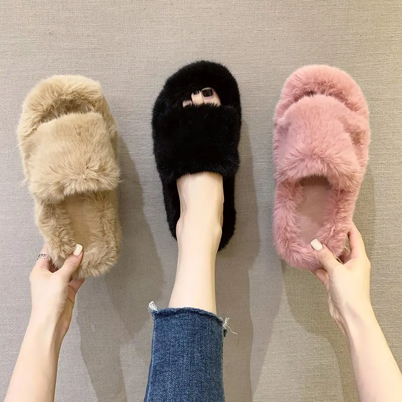 

2020 Winter Hot Home Women Pink Fur Slippers Fashion Faux Fur Ladies Solid Color Plush Warm Thick Bottom Woman Furry Slippers