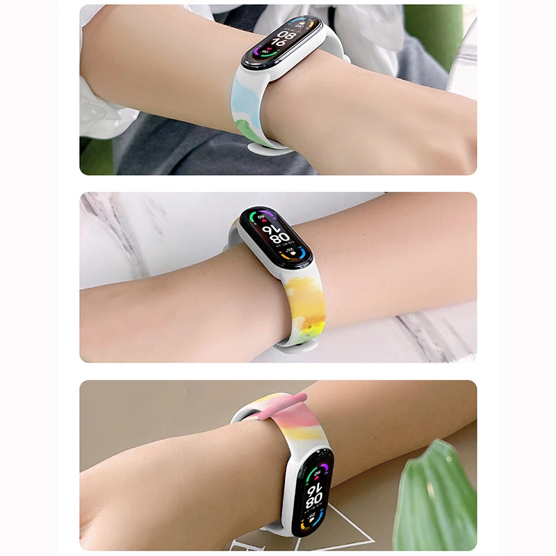 Pемешок на mi band 3 4 5 6 Мягкий браслет Акварельная печать силикон miband ремешокs