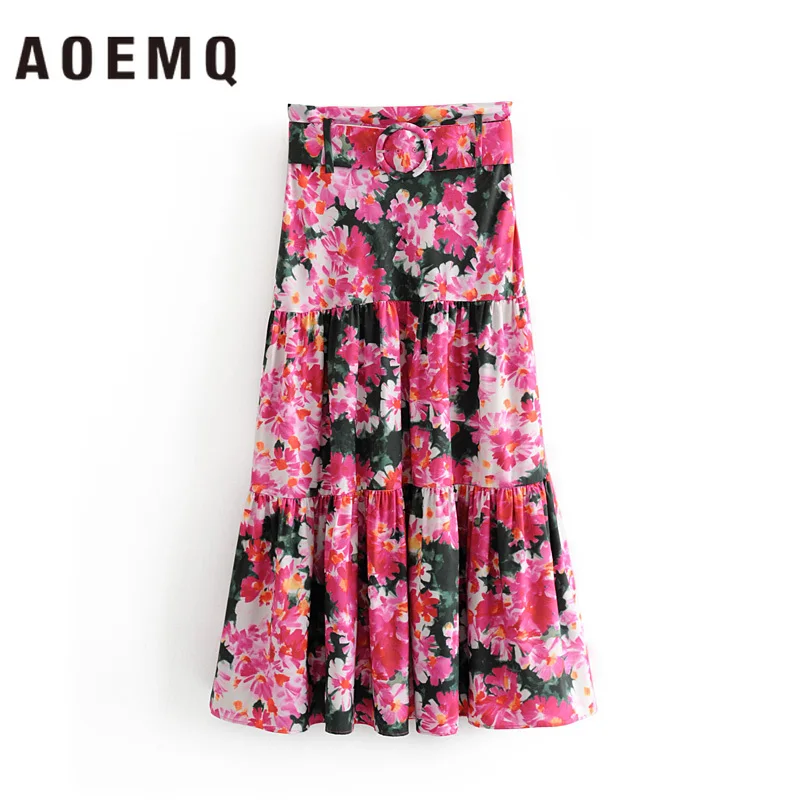 Бренд AOEMQ летние юбки многослойные высокая улица цветочный принт юбка с поясом