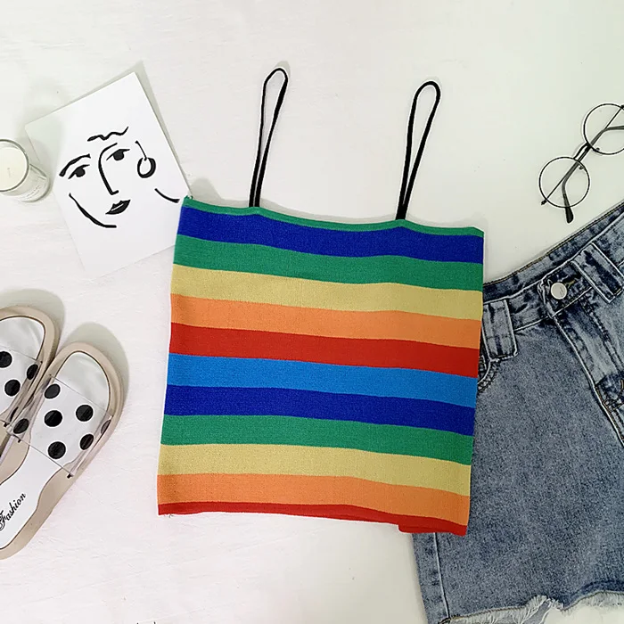 Rainbow Stripe Knit Cami Top Women Boho Stretchy Vintage Slim Fit Summer Vests Spaghetti Strap Cute Crop Tops Mujer Verano 2019 | Женская