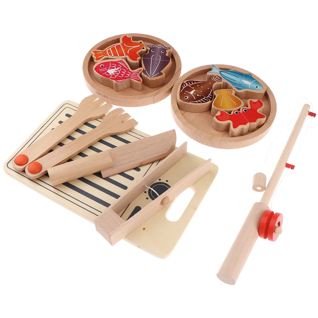 

Children Kids Pretend Play Kitchen Wooden Cutting Fishing Set Play House Toy