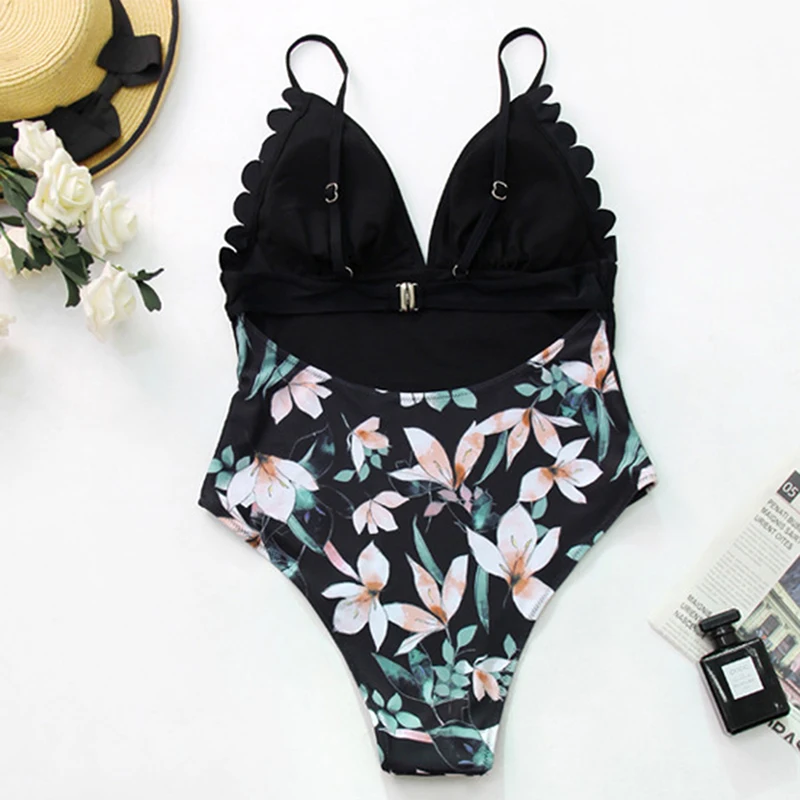 

2021 Women One Piece Swimsuits Ruffle Sexy Leaf Print Deep V Neck Adjustable Bathing Suit Backless Bodysuit Plus Size Beachwear