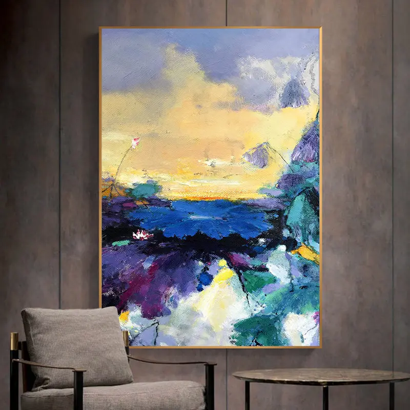 

Modern Artist Painted Abstract Lotus Leaf Oil Painting On Canvas Wall Art Frameless Picture Decor For Living Room Home Gift