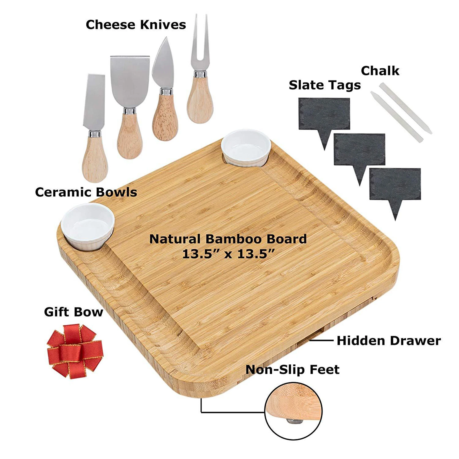 Bamboo Cheese Board Cutlery Knif Set With Slide Out Drawer 4 Knives Sets Cooking Tools Knife Slicer Fork Scoop Cut | Дом и сад