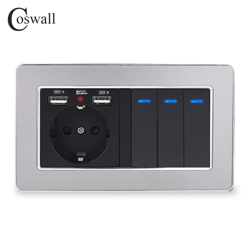 COSWALL Россия Испания настенная розетка стандарта ЕС с 2 USB портами для зарядки + 3