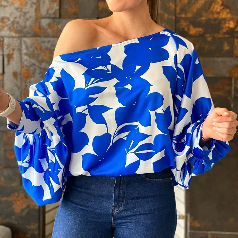 

Blue Blouse Top Women Off-Shoulder Casual Loose Foral Print Flared Full Sleeve 2021 Spring Autumn Lady Vintage Top Blusa SJ8673C