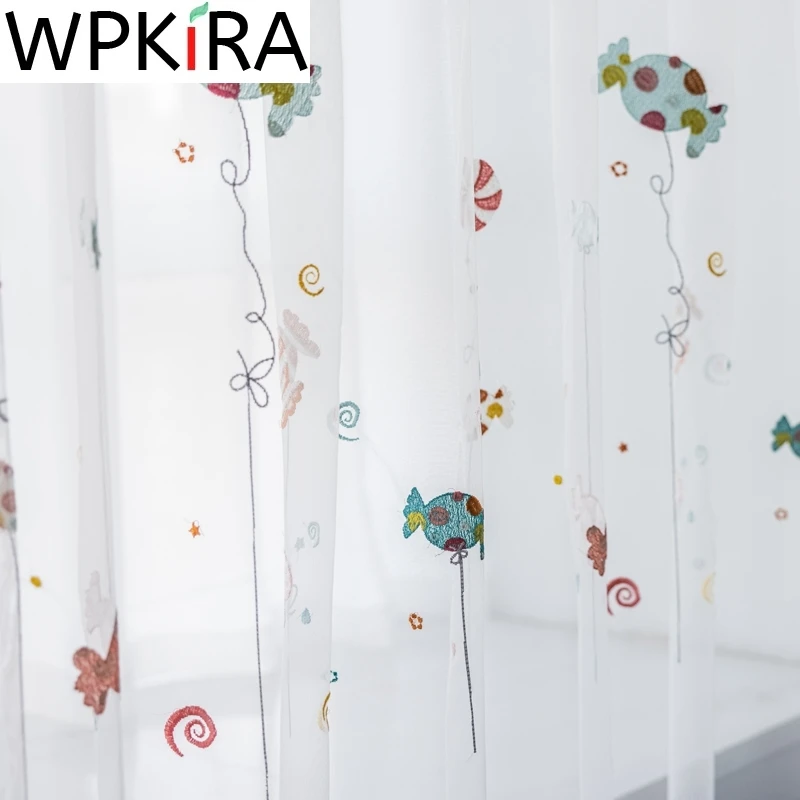 

Christmas Gifts Window Curtains Candy Embroidered Sheer Curtains For Girls Bedroom Modern Cartoon Tulle Window Treatment AD848E