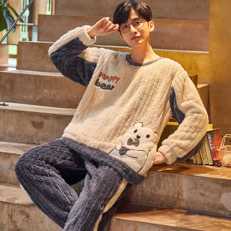 

Men Autumn Winter New Cartoon Coral Velvet Pajama Set Thick Flannel Two Piece Leisure Suit Loungewear Loose Casual Home Clothes