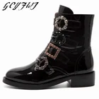 Сапоги женские из лакированной кожи, на платформе, с квадратным носком и пряжкой