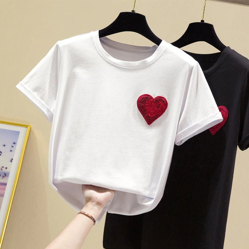 

Embroidery Love T shirt Women Clothes 2021 Summer Tops Female Loose Tshirt White Tee Shirt Femme Short Sleeve Cotton Tops Black