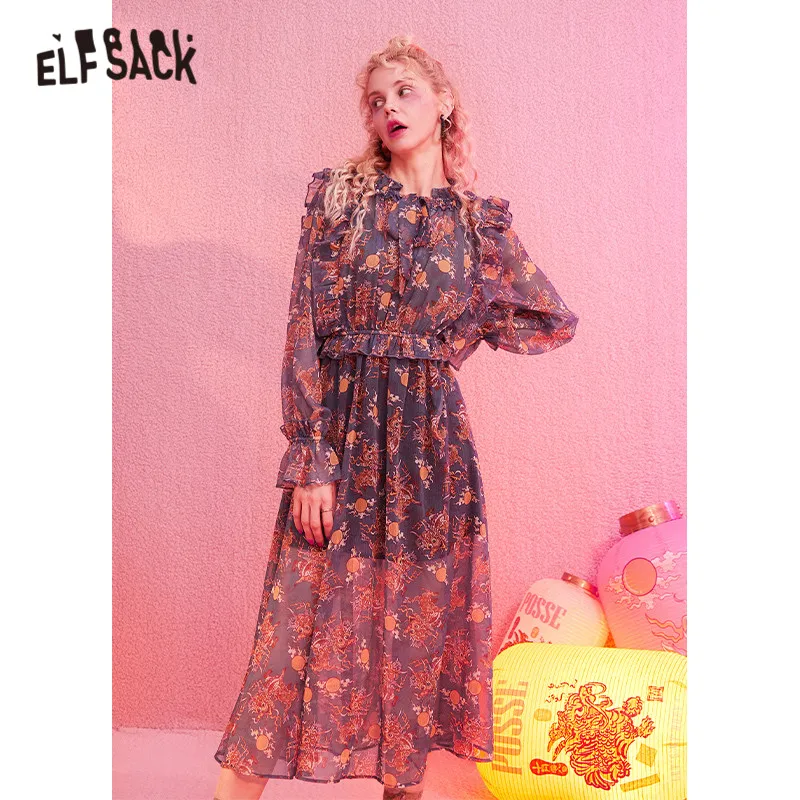 ELFSACK синее Kylin с принтом шифоновое Повседневное платье для женщин зима 2020