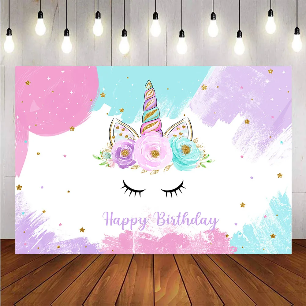 

Happy birthday unicorn backdrop for photography newborn baby party decoration background for photobooth studio customize flower
